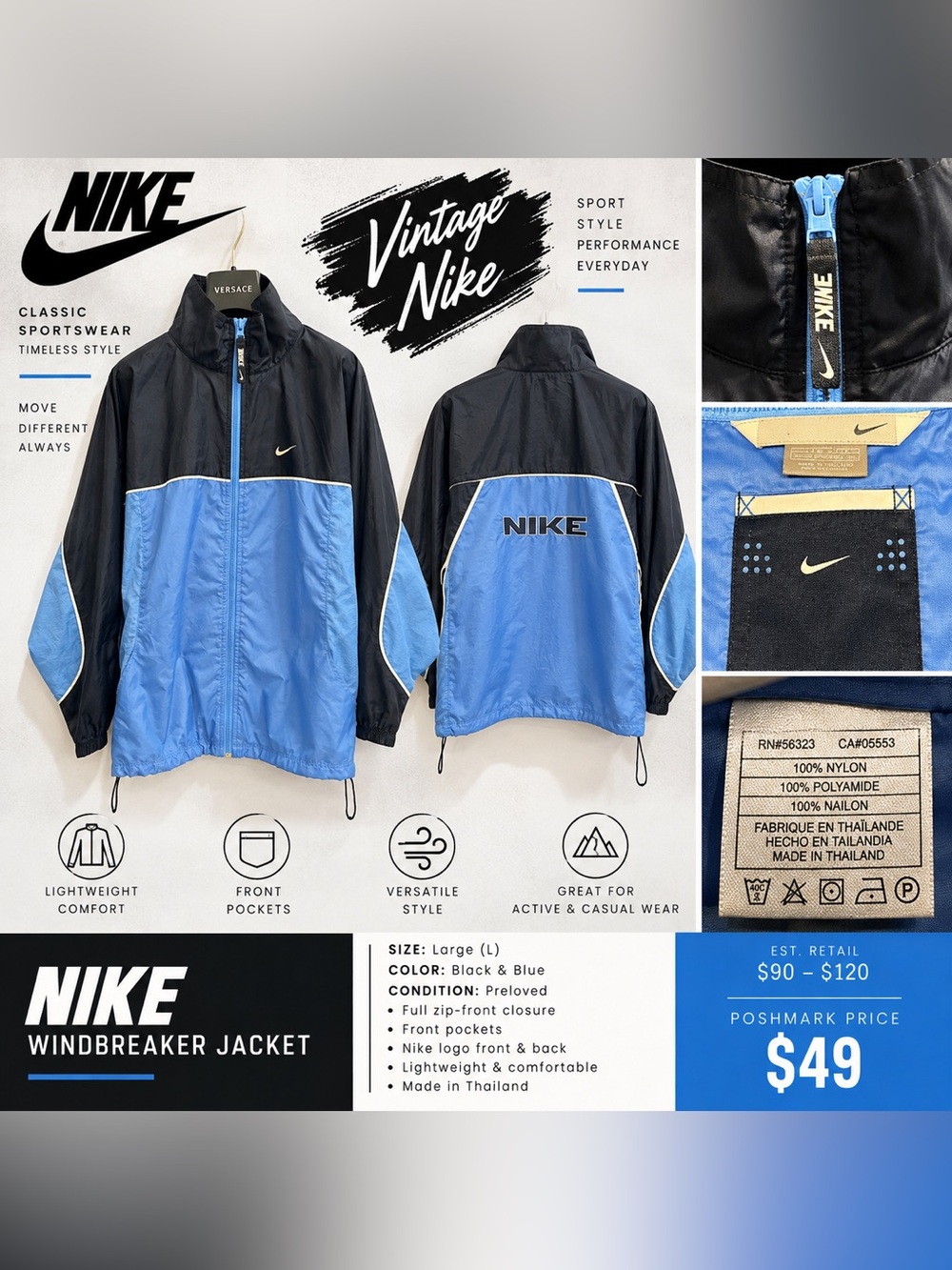 Vintage Nike Two-Tone Navy and Light Blue Men's Windbreaker